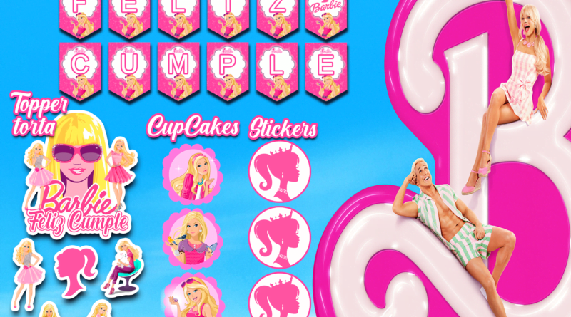 banderines topper sticker cupcake de barbie kit de impresion