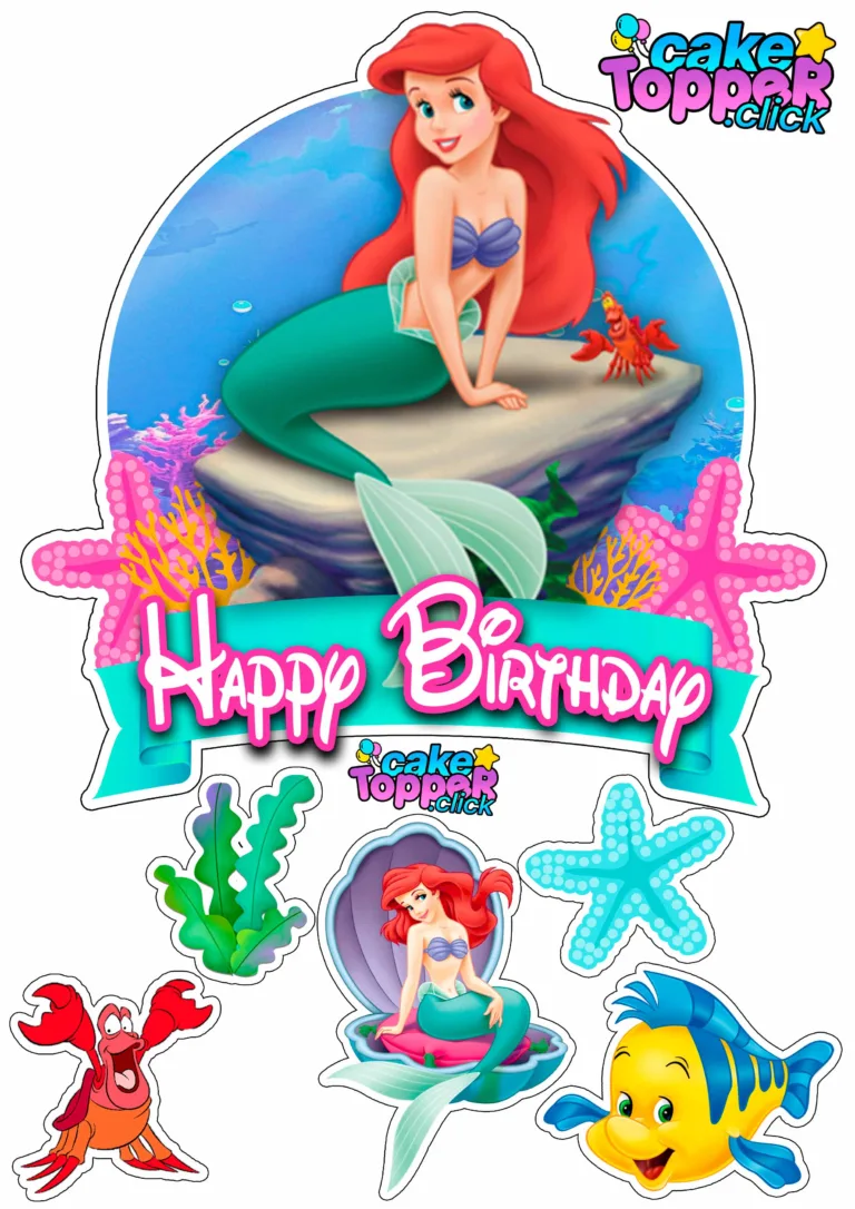 Litle Mermaid Kit Happy Birthday Ariel Cake Topper printable Free