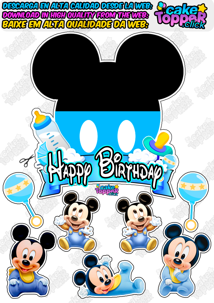 Baby mickey Happy Birthday cake topper printable ideas