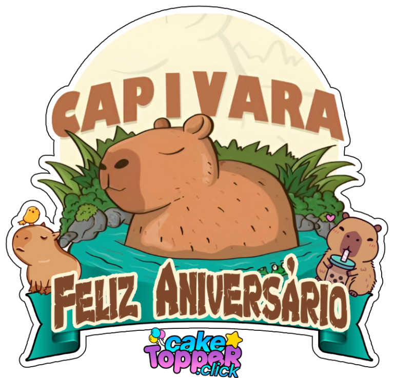 topo de bolo capivara com a frase feliz aniversário em formato png