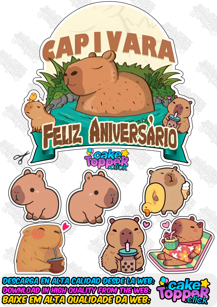 topo de bolo capivara com a frase feliz aniversário