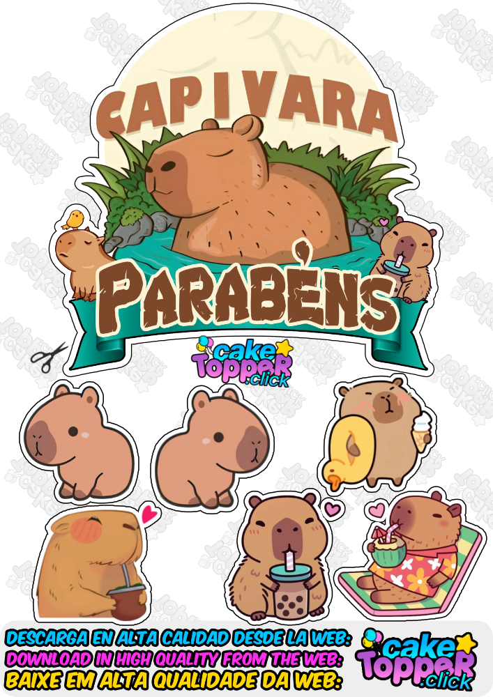 topo de bolo capivara com a frase parabéns com apliques de cupcake para imprimir